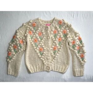 Dolls Kill Sugar Thrillz Cream Flower Patch Knit Cottagecore Cardigan Sweater